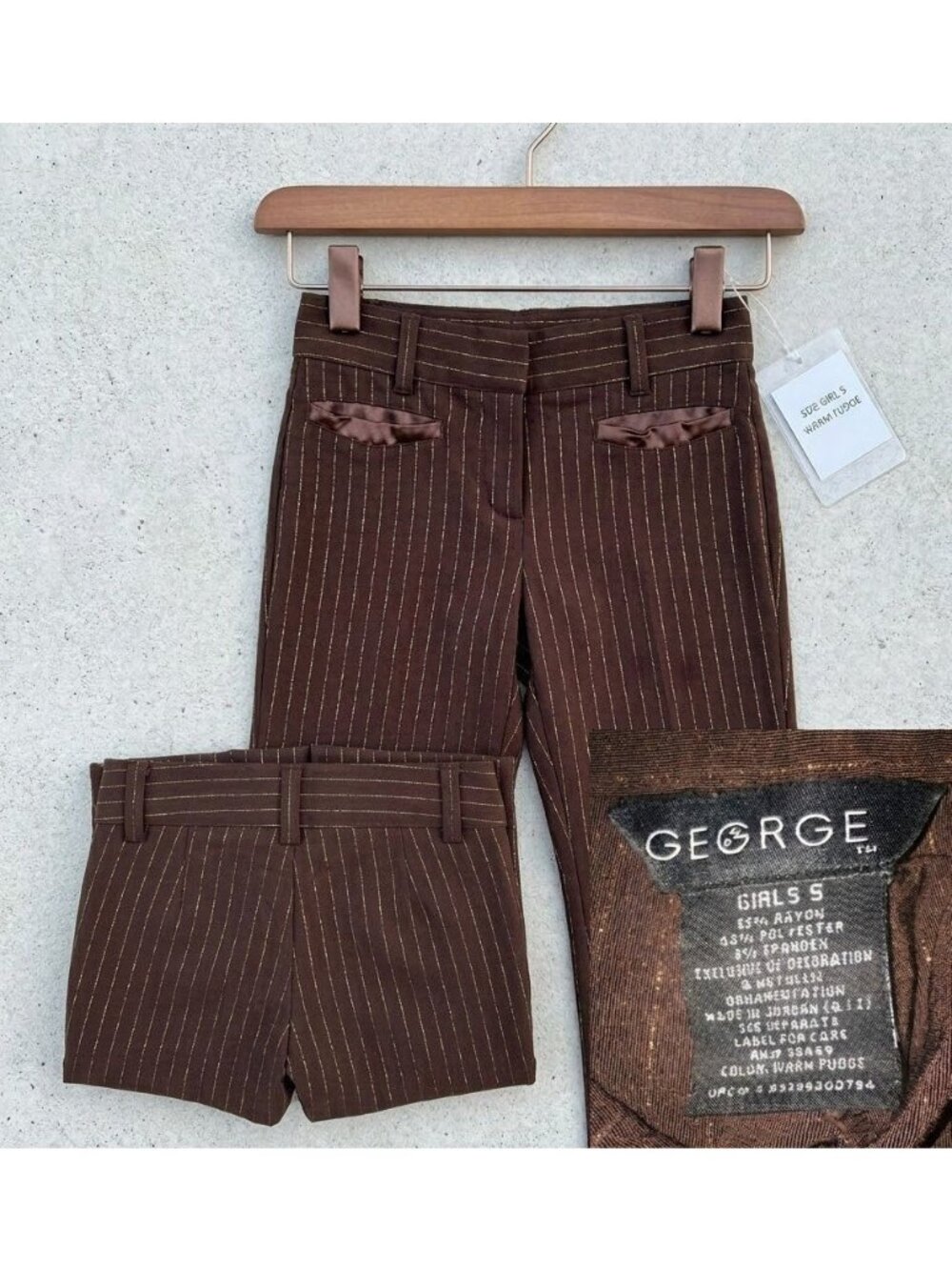 George Girls Brown Pinstripe Wide-Leg Pants With Adjustable Waist And Satin Acce